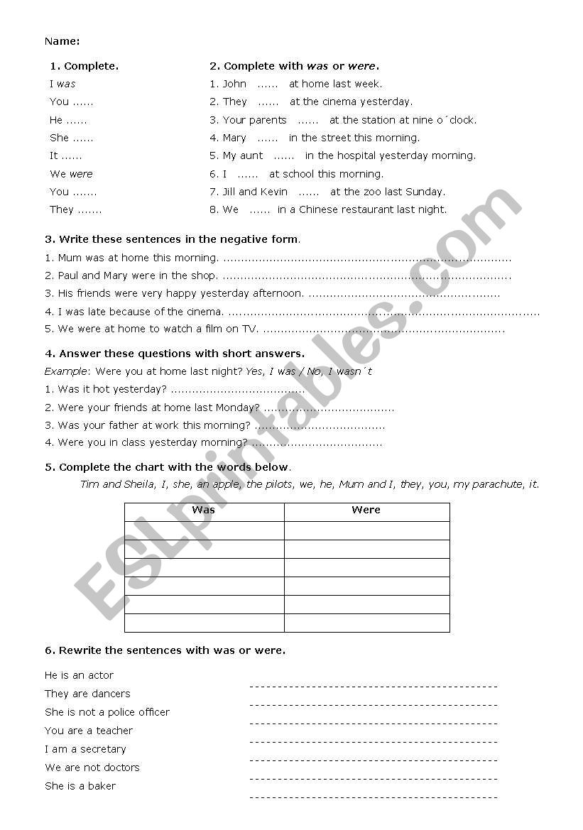 Verb to be in past worksheet