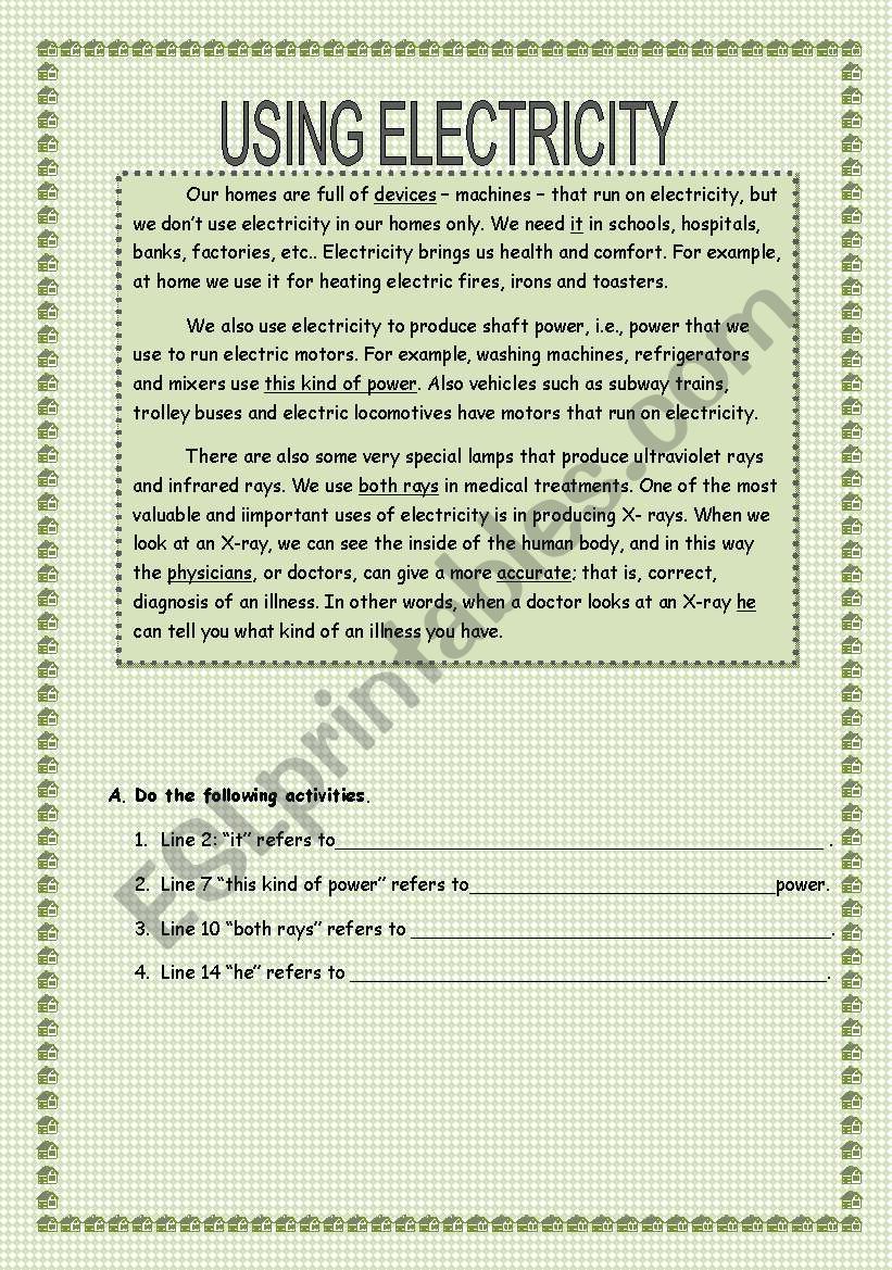 Using Electricity worksheet