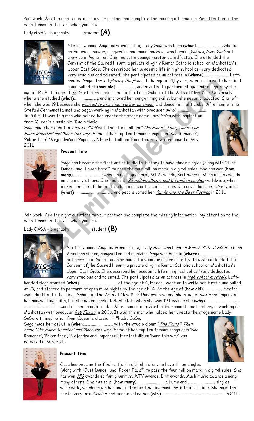 biography - Lady Gaga - pair work