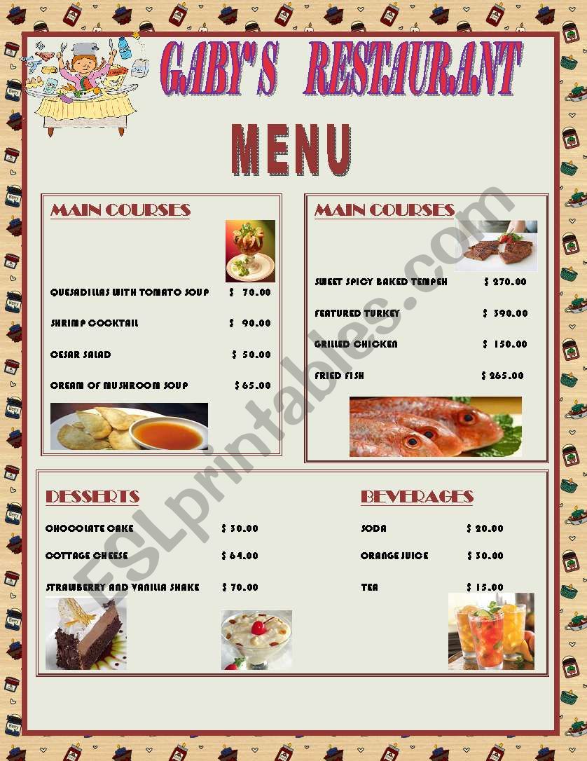 MENU OF GABYÂ´S RESTAURANT worksheet
