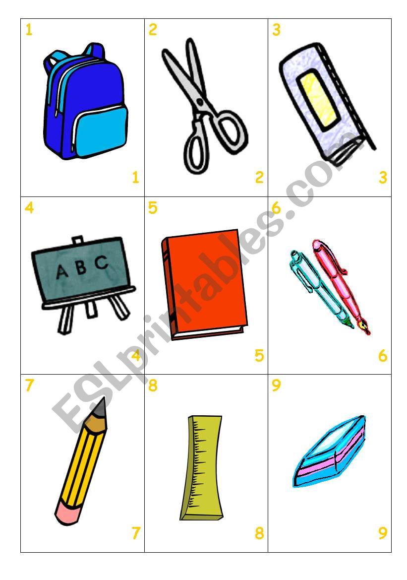 School objects card game worksheet