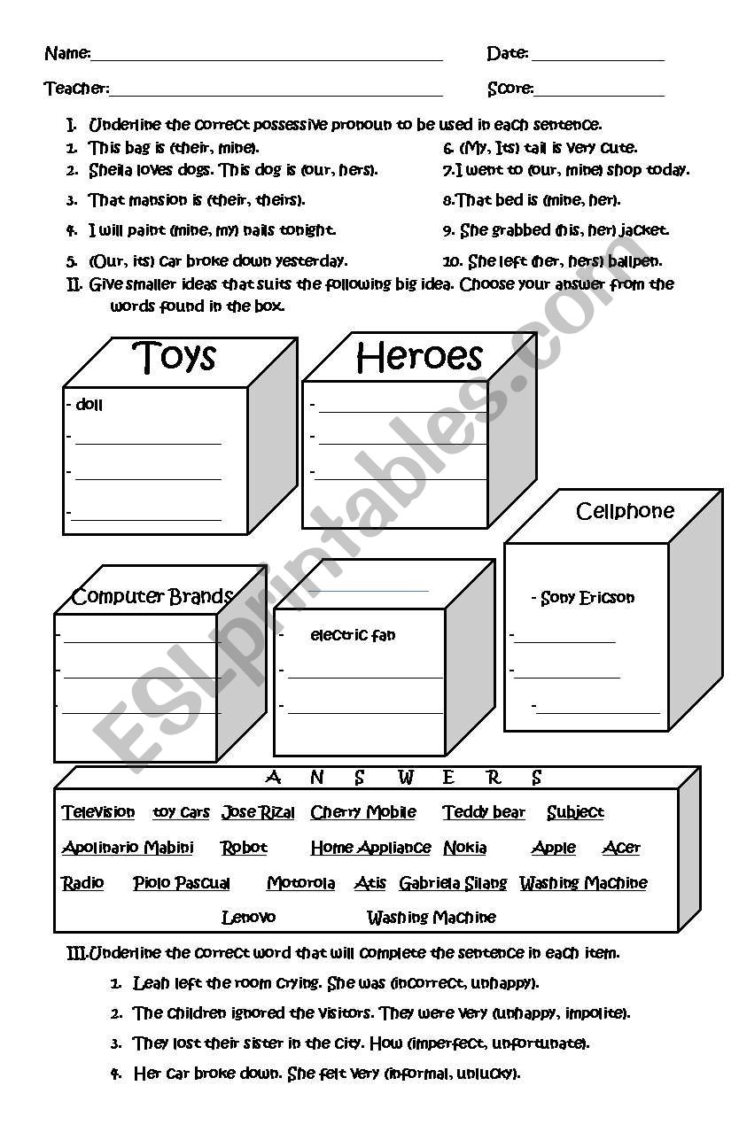 possessive pronoun worksheet