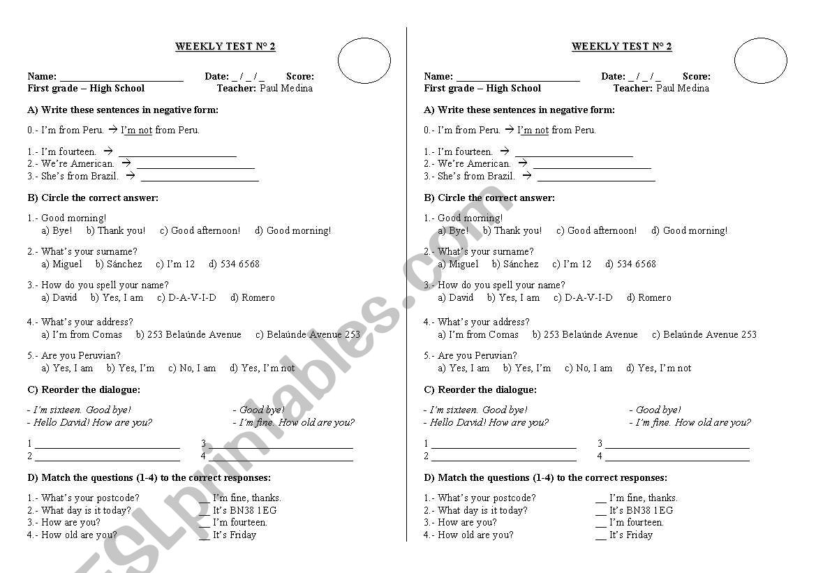 exam worksheet