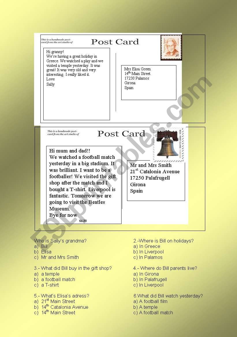 postcards worksheet