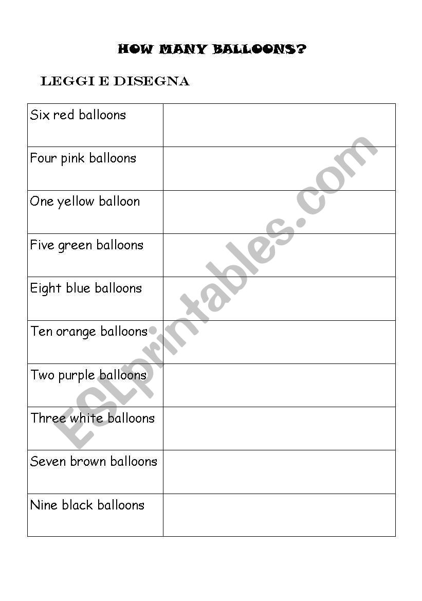 BALLOONS worksheet