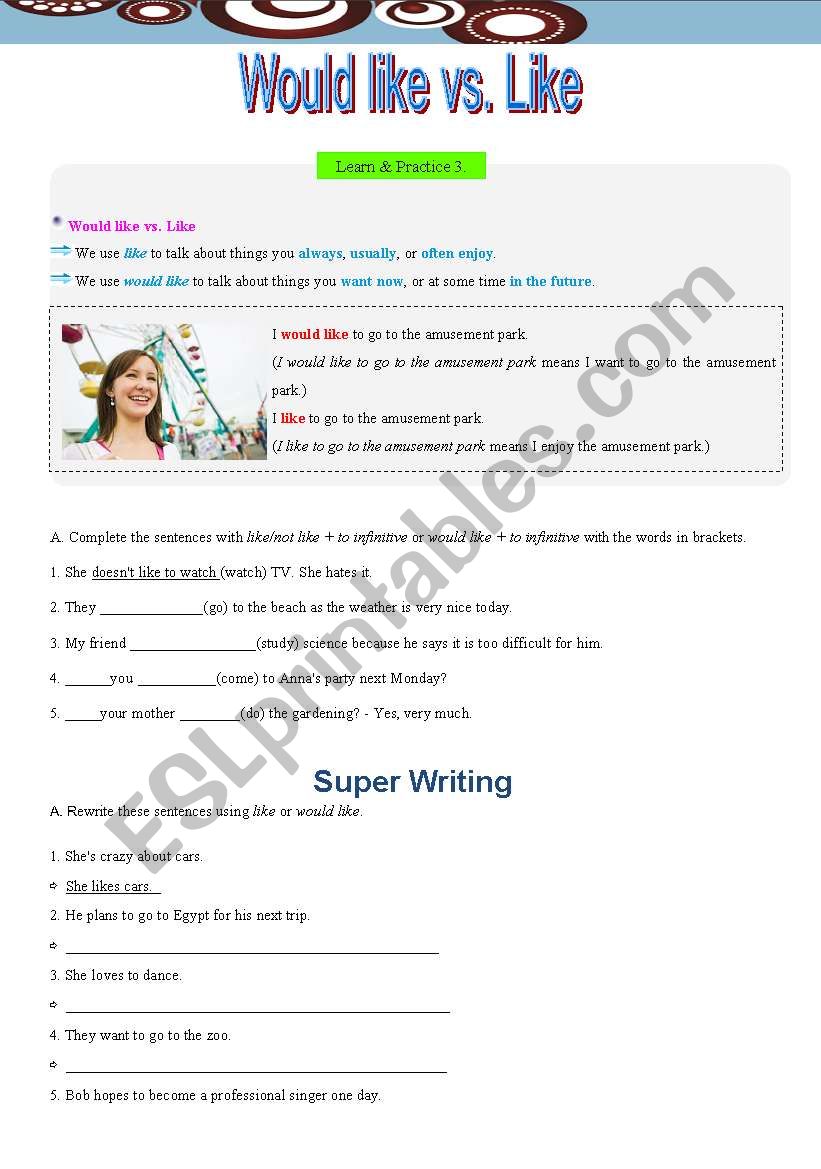 Would like vs. Like  worksheet