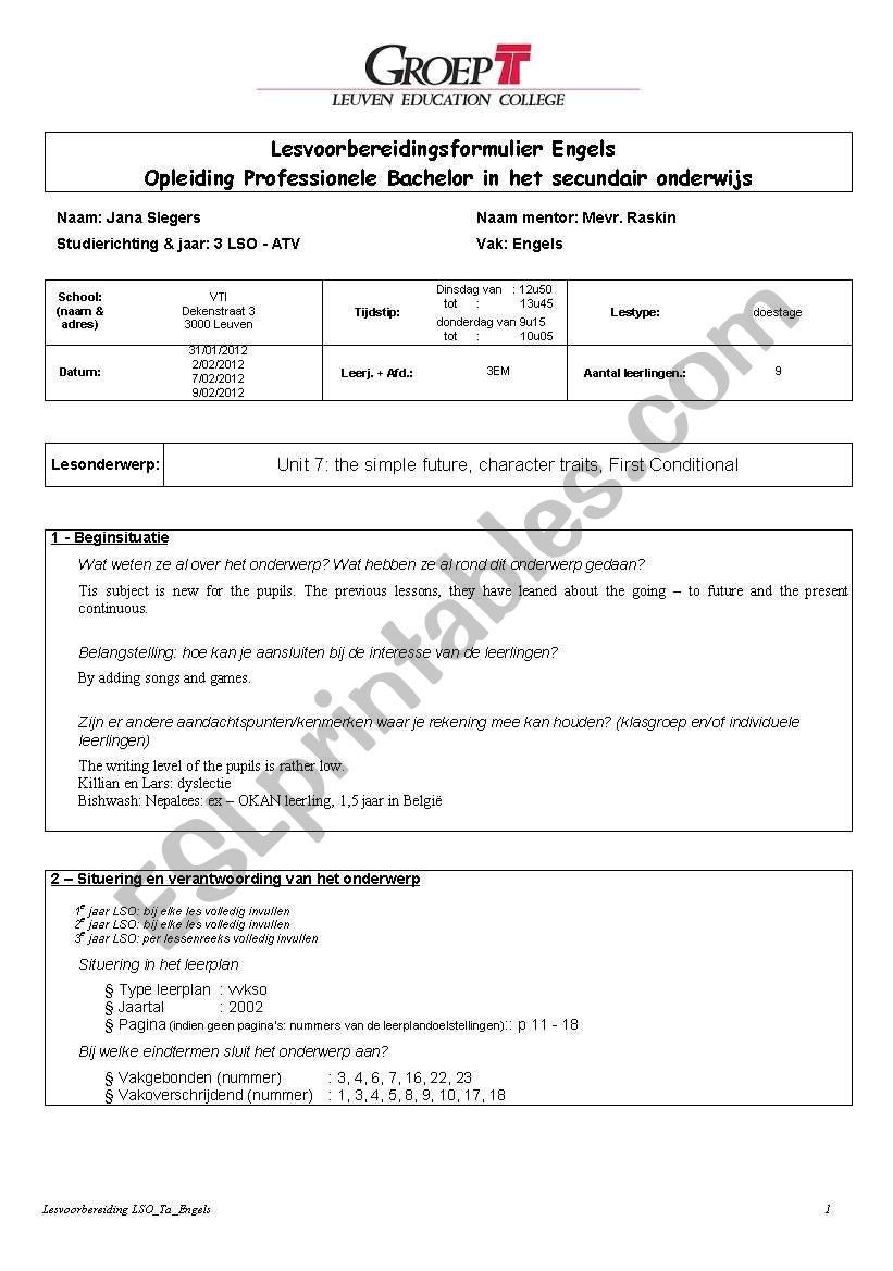 lesvoorbereiding worksheet