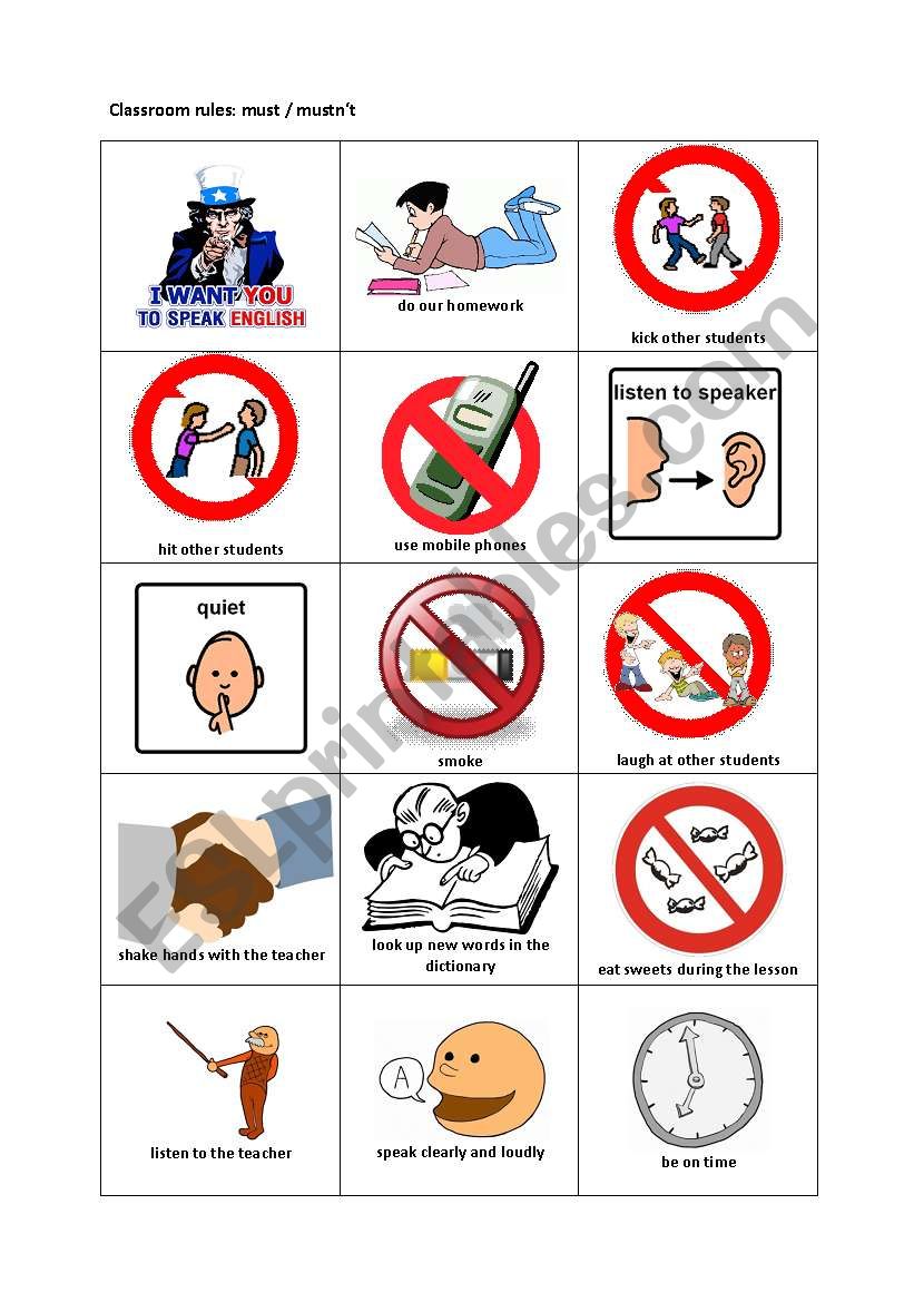 Must mustnÂ´t symbol cards worksheet