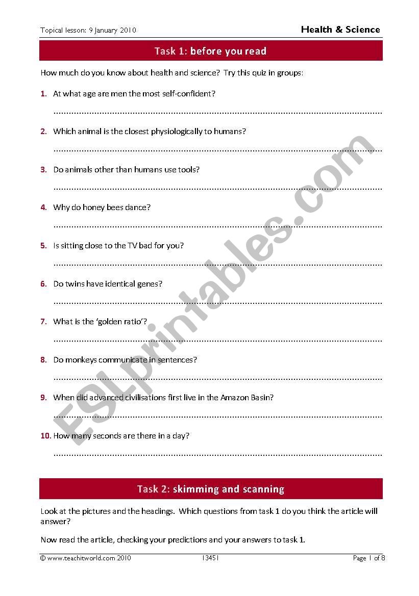 Article about Health worksheet