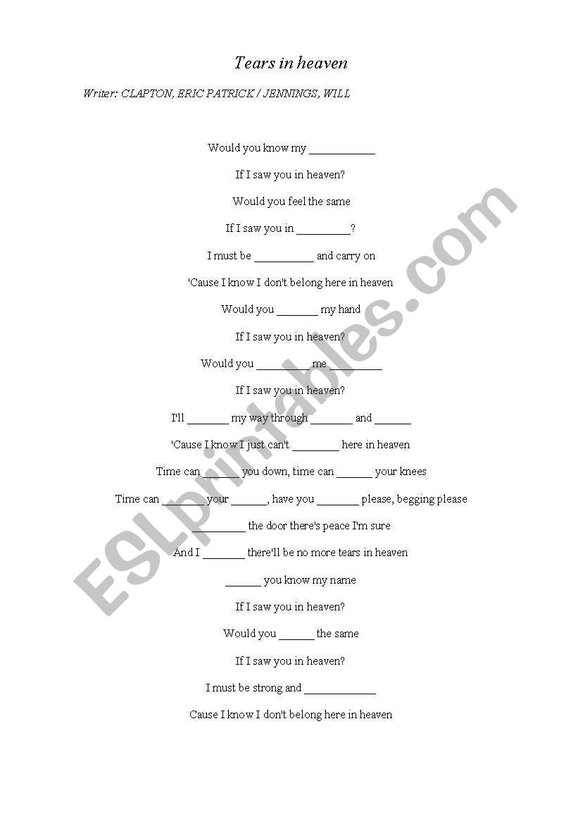 Tears in heaven (song) worksheet