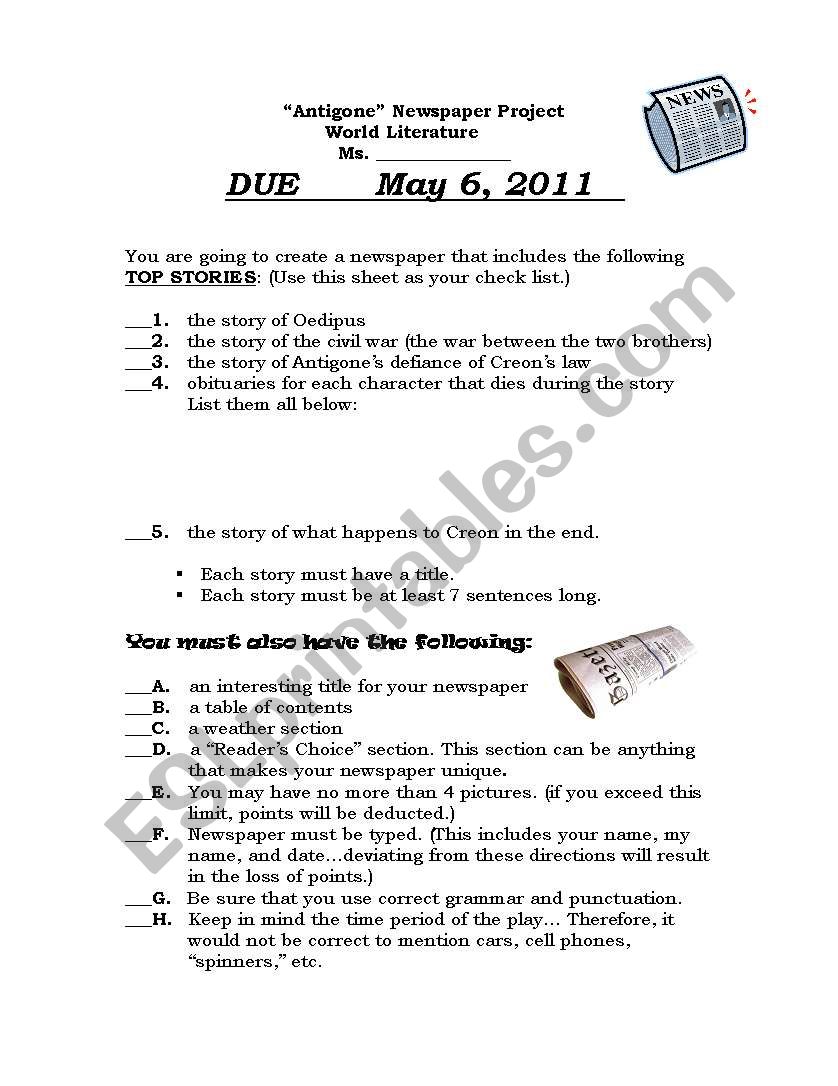 Antigone Newspaper Project worksheet