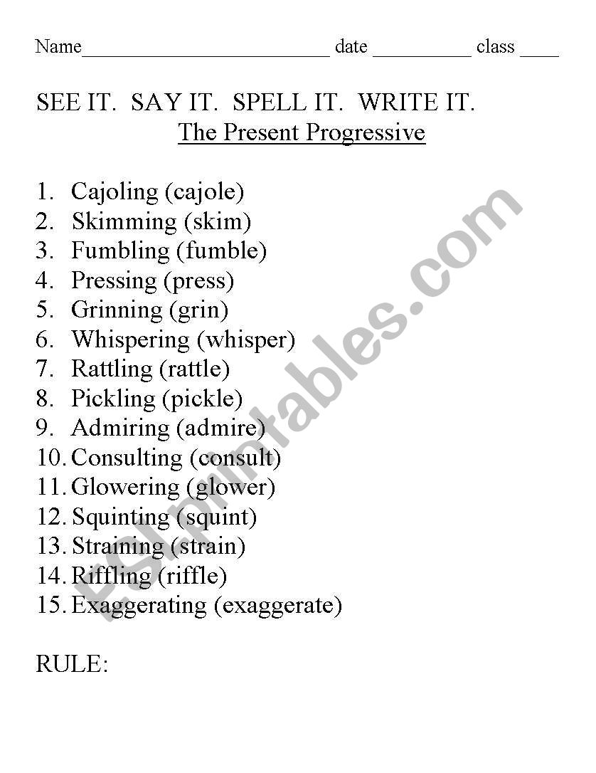 Present Progressive words worksheet