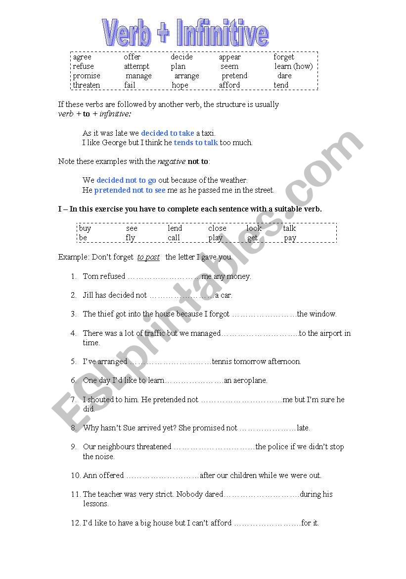 Verb + infinitive worksheet