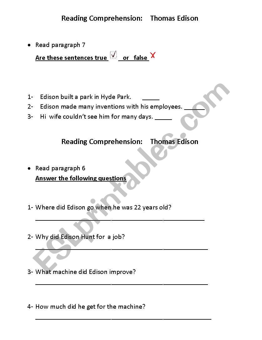 Thomas Edison worksheet