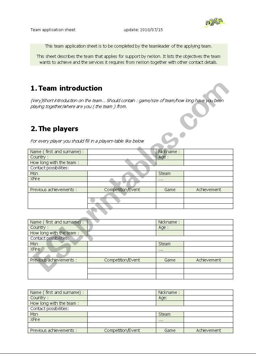 Team worksheet