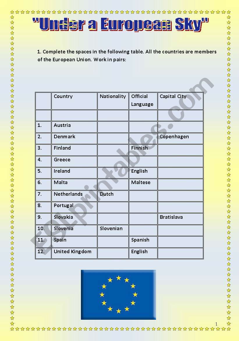 UNDER A EUROPEAN SKY.2 worksheet