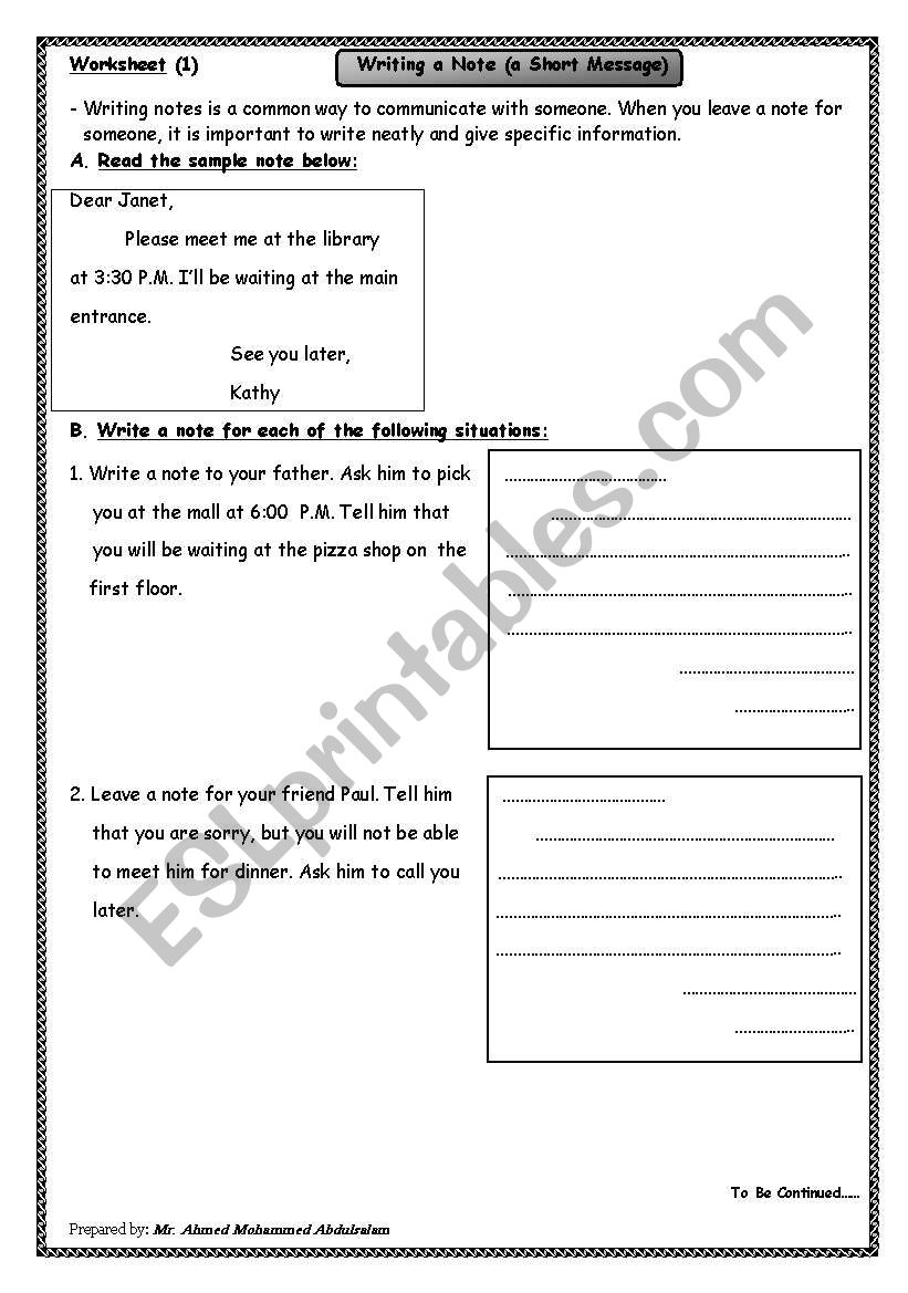 Writing short notes worksheet