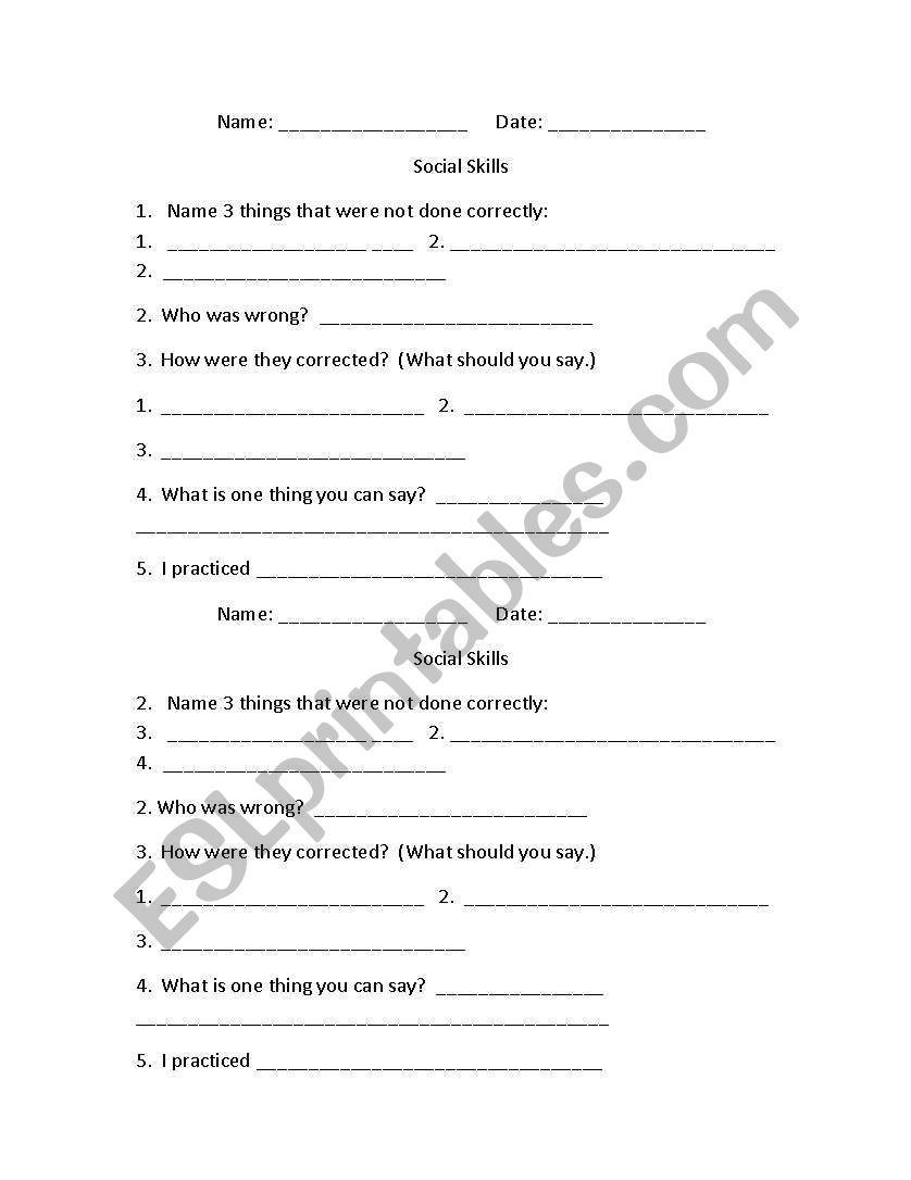 Social Skills Observation Sheet