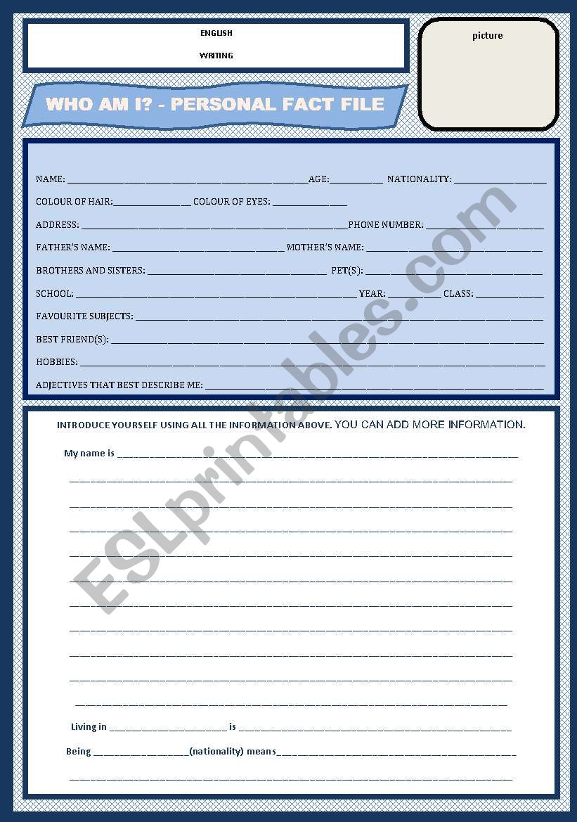 Personal fact file worksheet