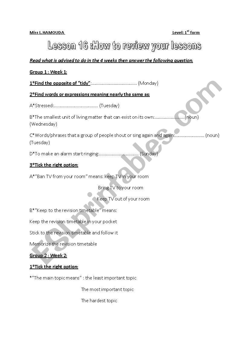 how to review your lessons worksheet