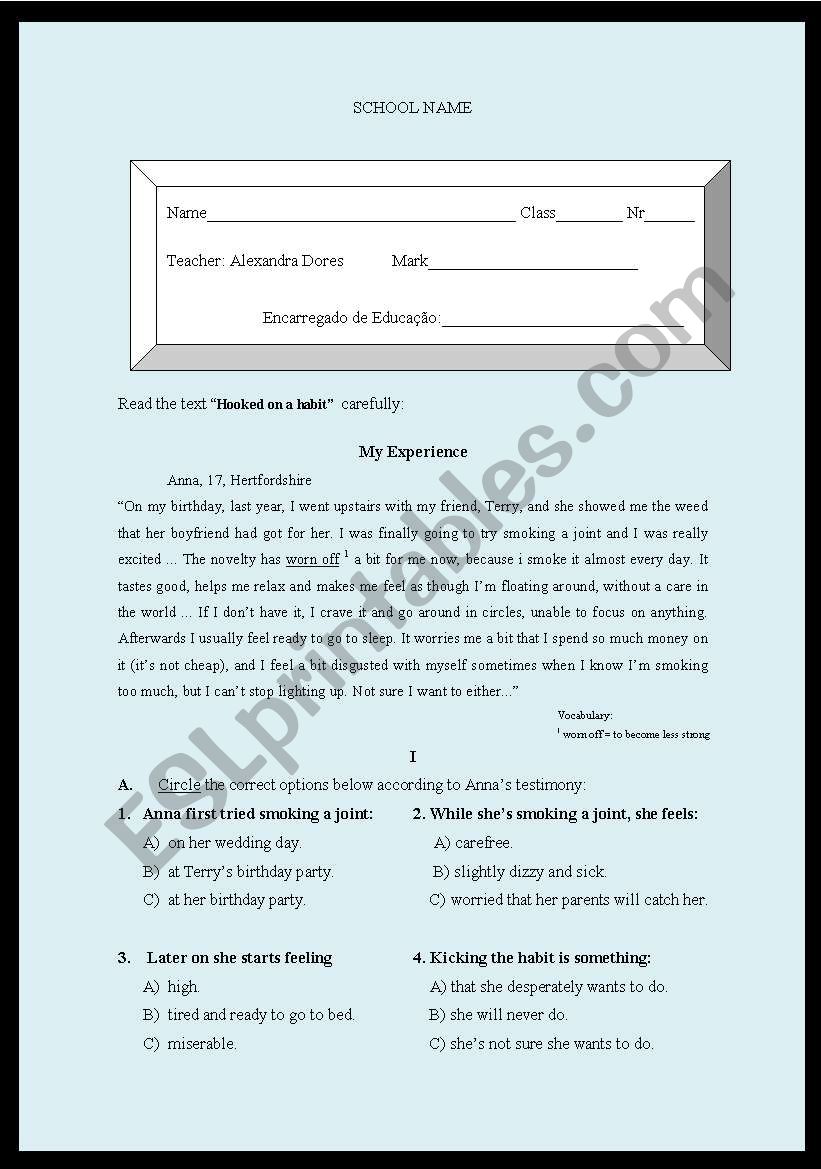 Addiction test worksheet