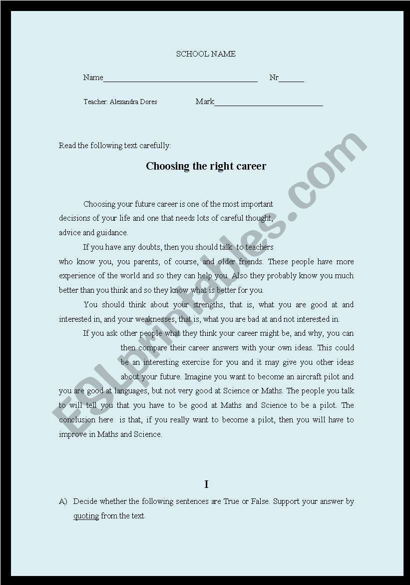 Chosing the right career worksheet