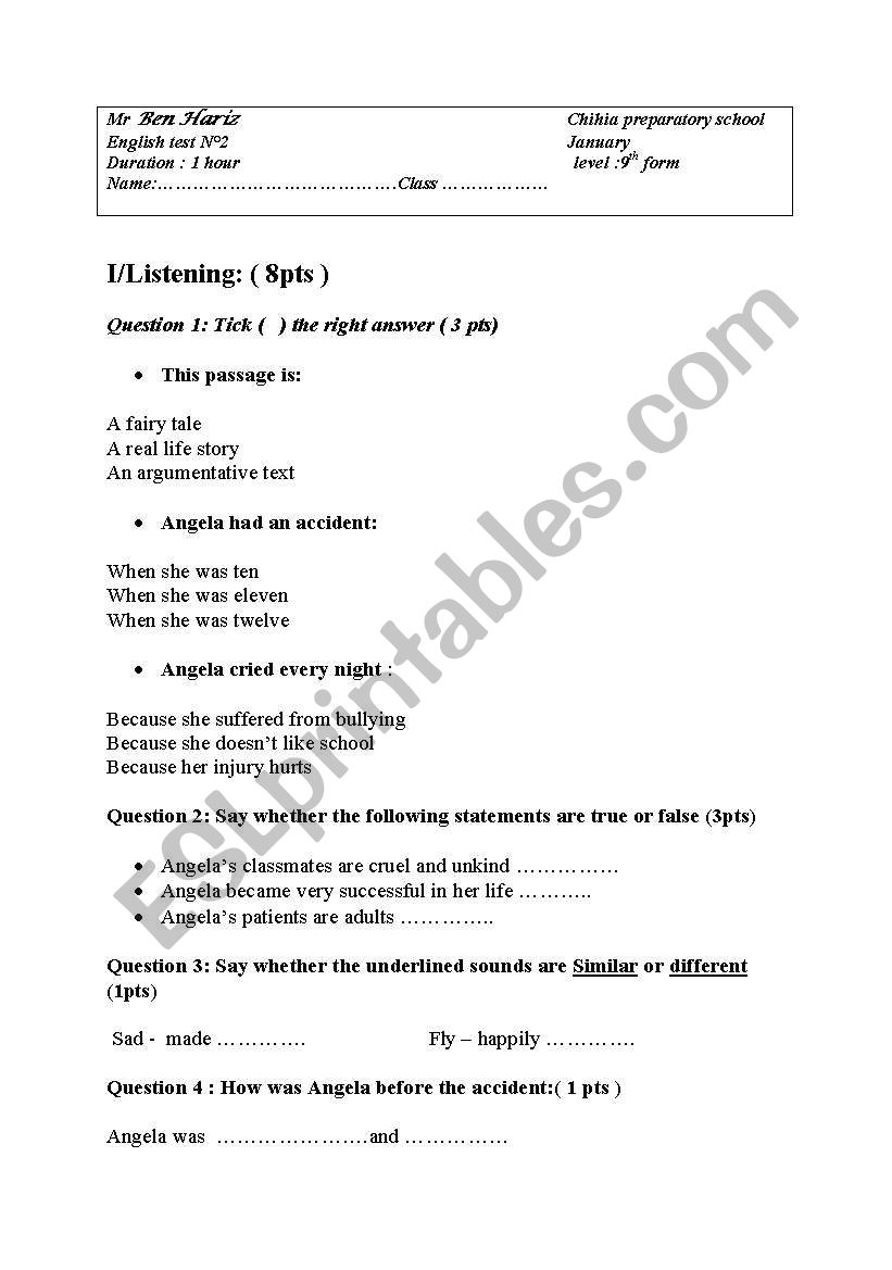 Exam : listening / grammar / ( 9th form )