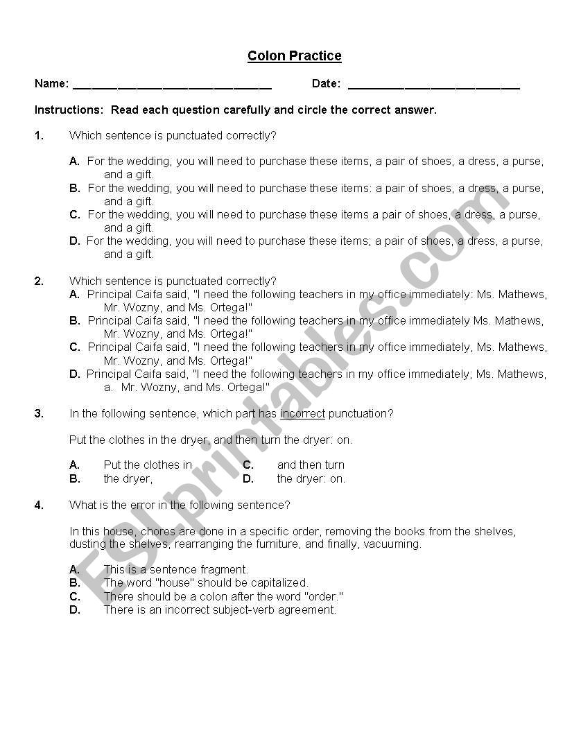 Colon and Semicolon Practice worksheet