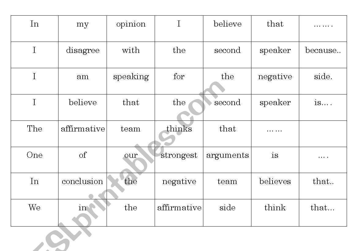 Debating sentences worksheet