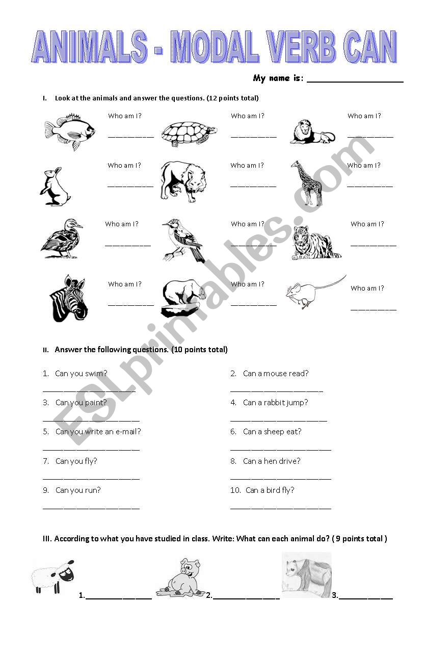 Animals Modal Verb Can worksheet