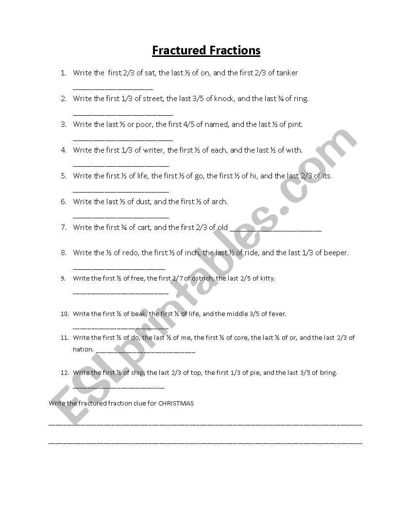 Fractured Fractions worksheet