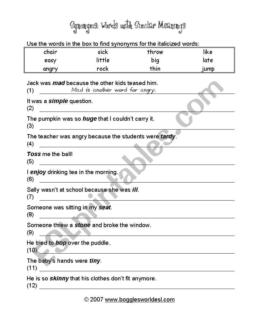 Synonyms worksheet