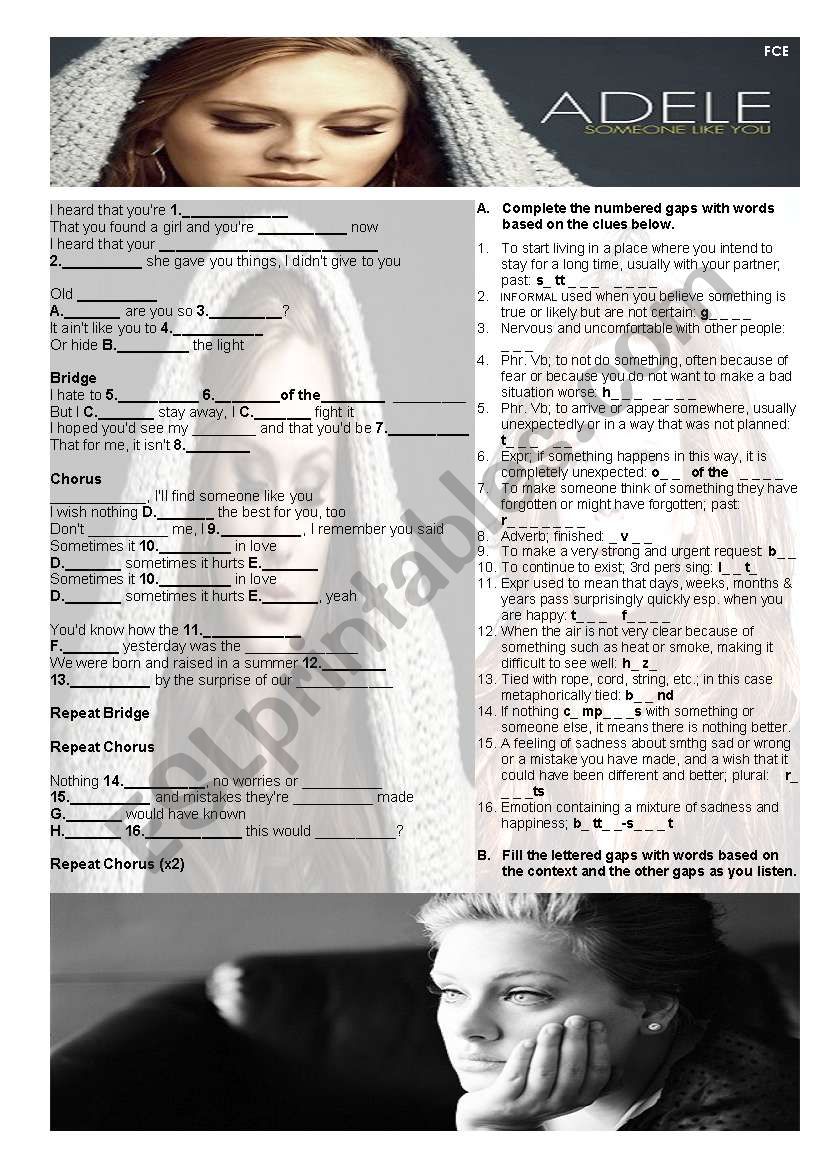 Someone like you - Adele song worksheet