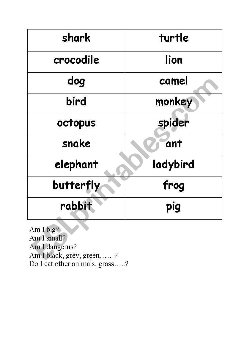 animals worksheet