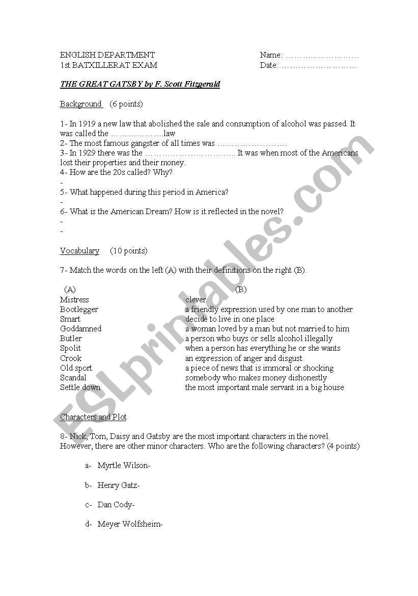 The Great Gatsby Worksheet worksheet