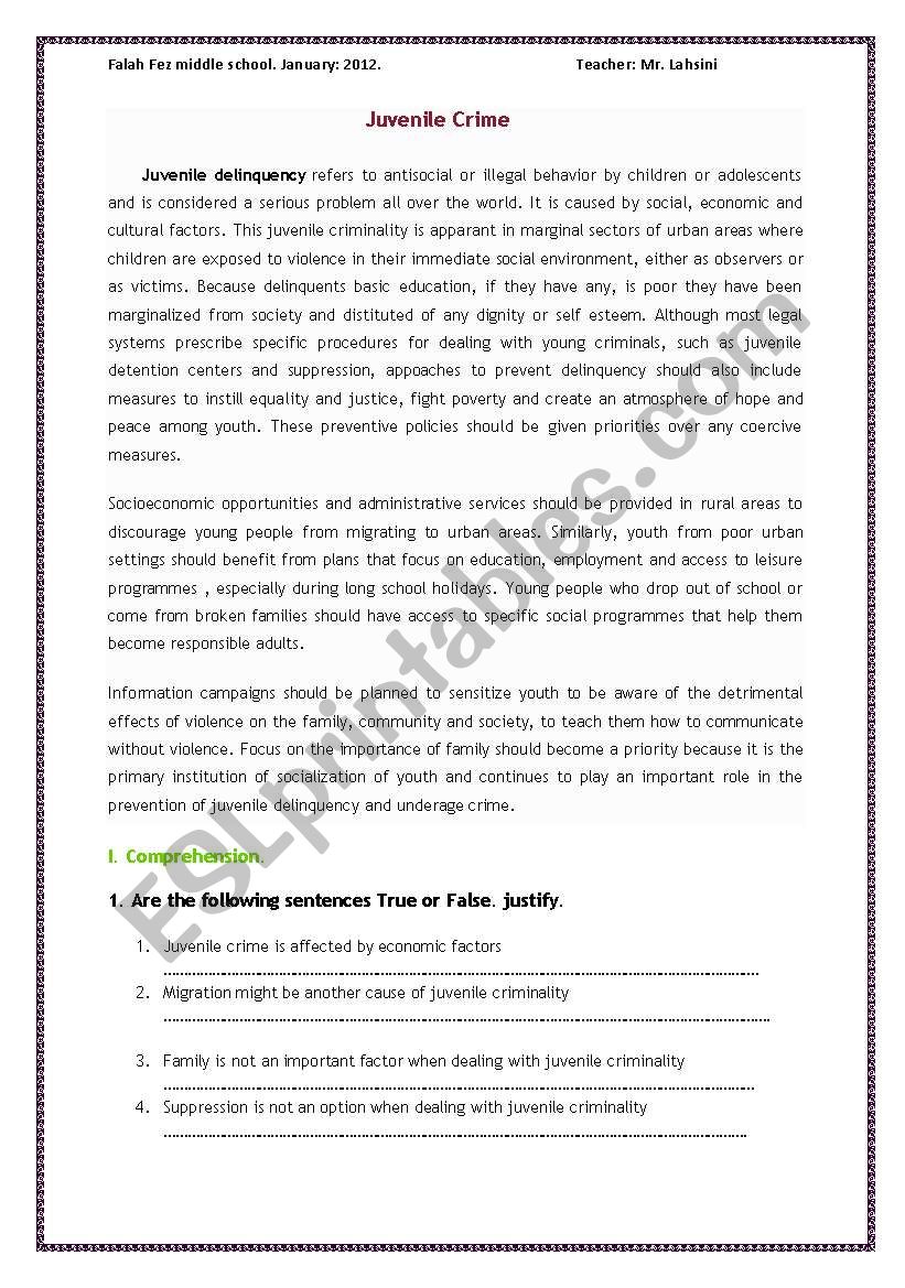 Juvenile criminality worksheet