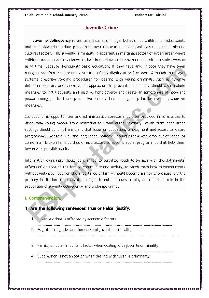 Juvenile criminality worksheet