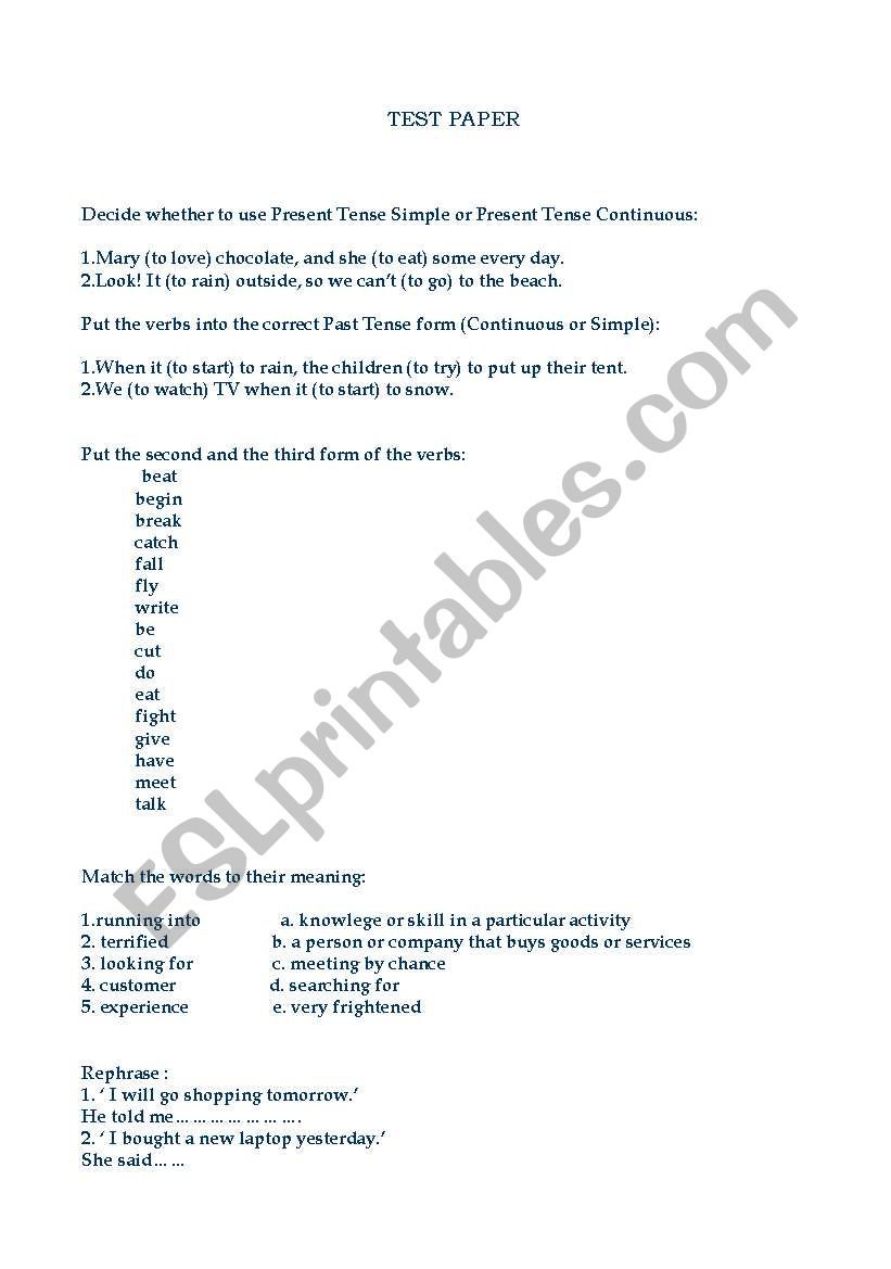knowledge assessment /test paper