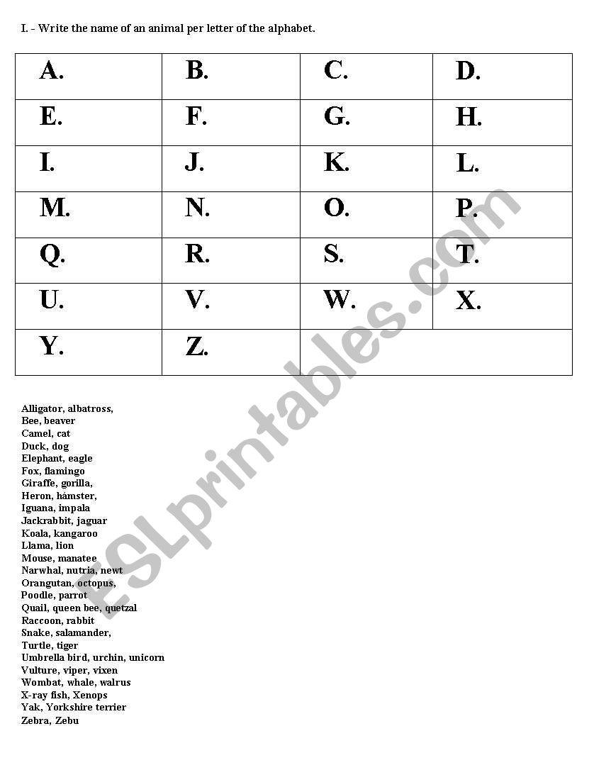 A-Z animals game worksheet