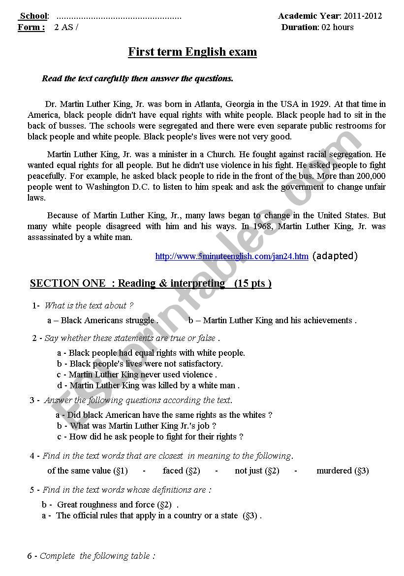 exam worksheet