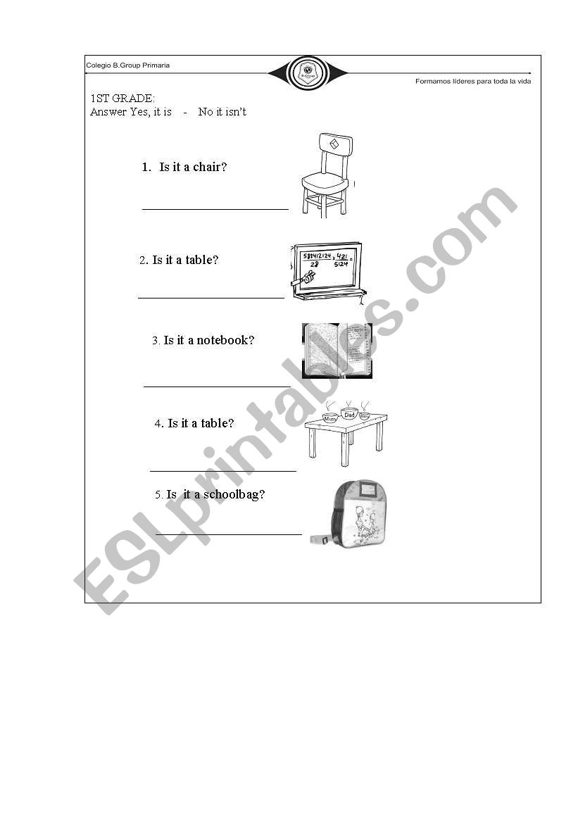 Recognize objest in classroom worksheet