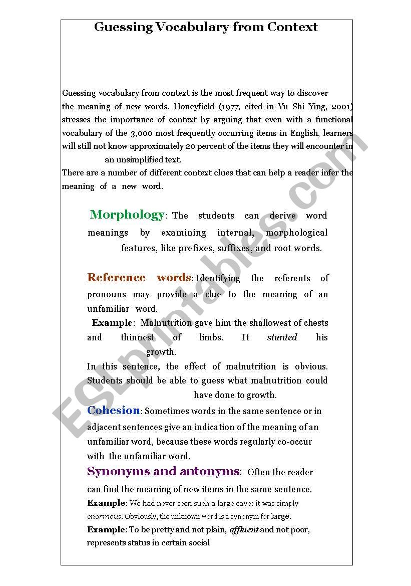 guesing vocabs from context worksheet