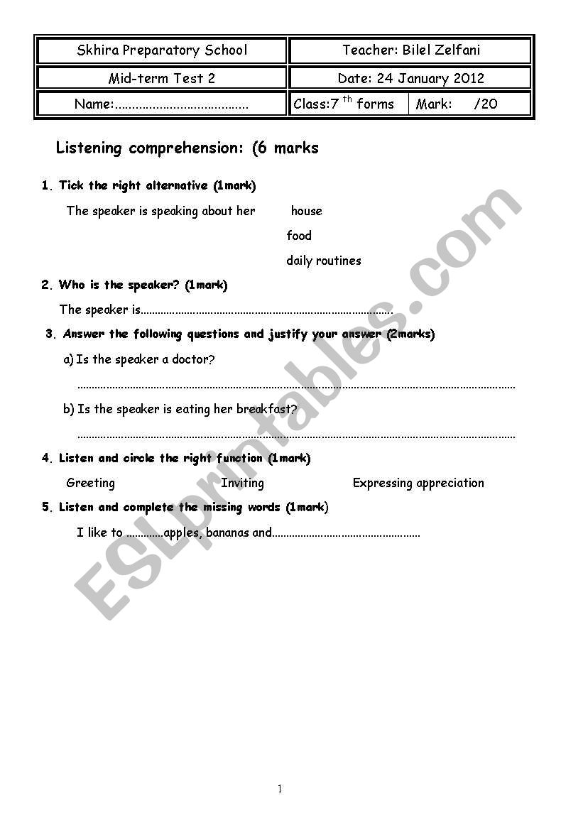 Seventh form mid-term test 2 worksheet