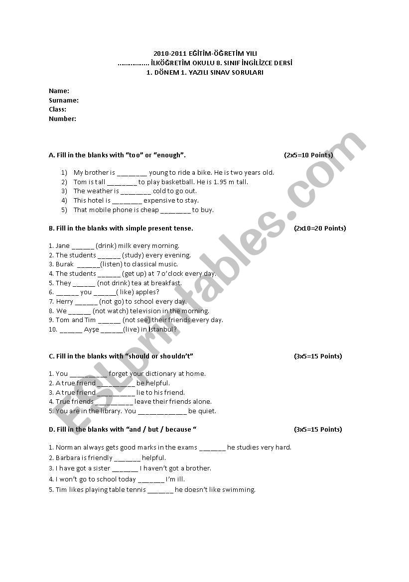 first term first written exam grade 8