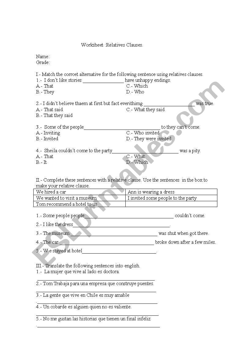 Relatives Clauses worksheet