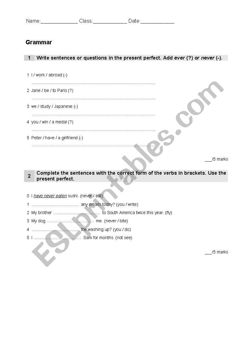 Test Present Perfect worksheet