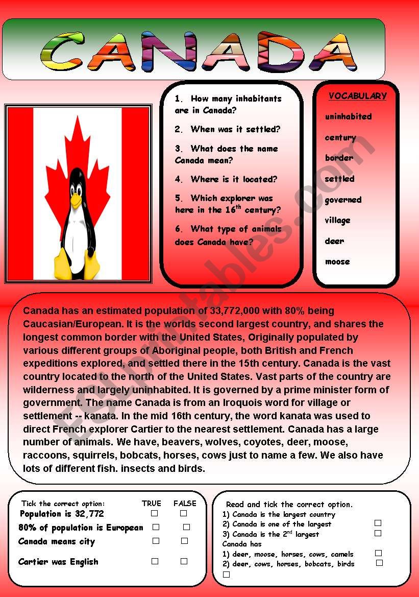 CANADA worksheet