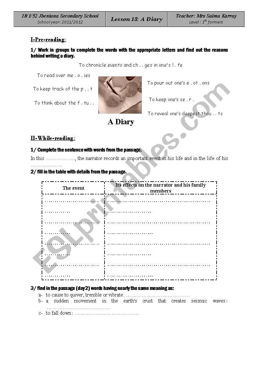 diaries worksheet