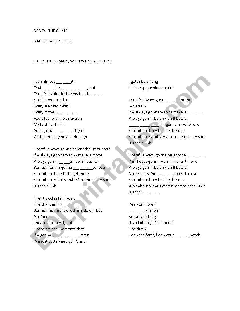 THE CLIMB BY MILEY CYRUS worksheet