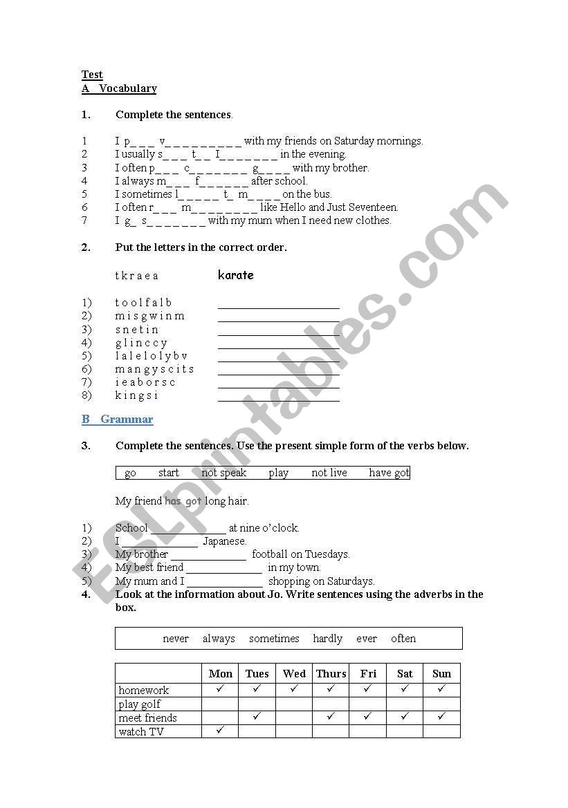 test worksheet
